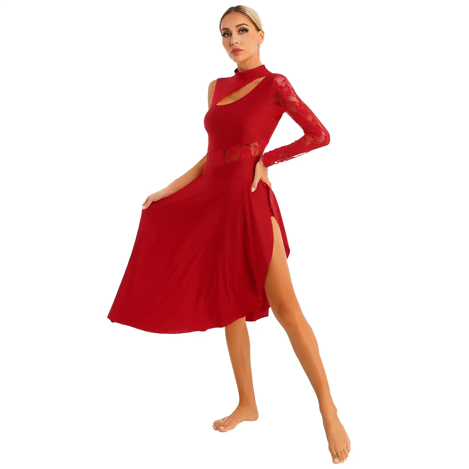 #L8801 Womens Lyrical Dance Dress- Sheer Lace Long Sleeve Modern Contempory Performance Costume