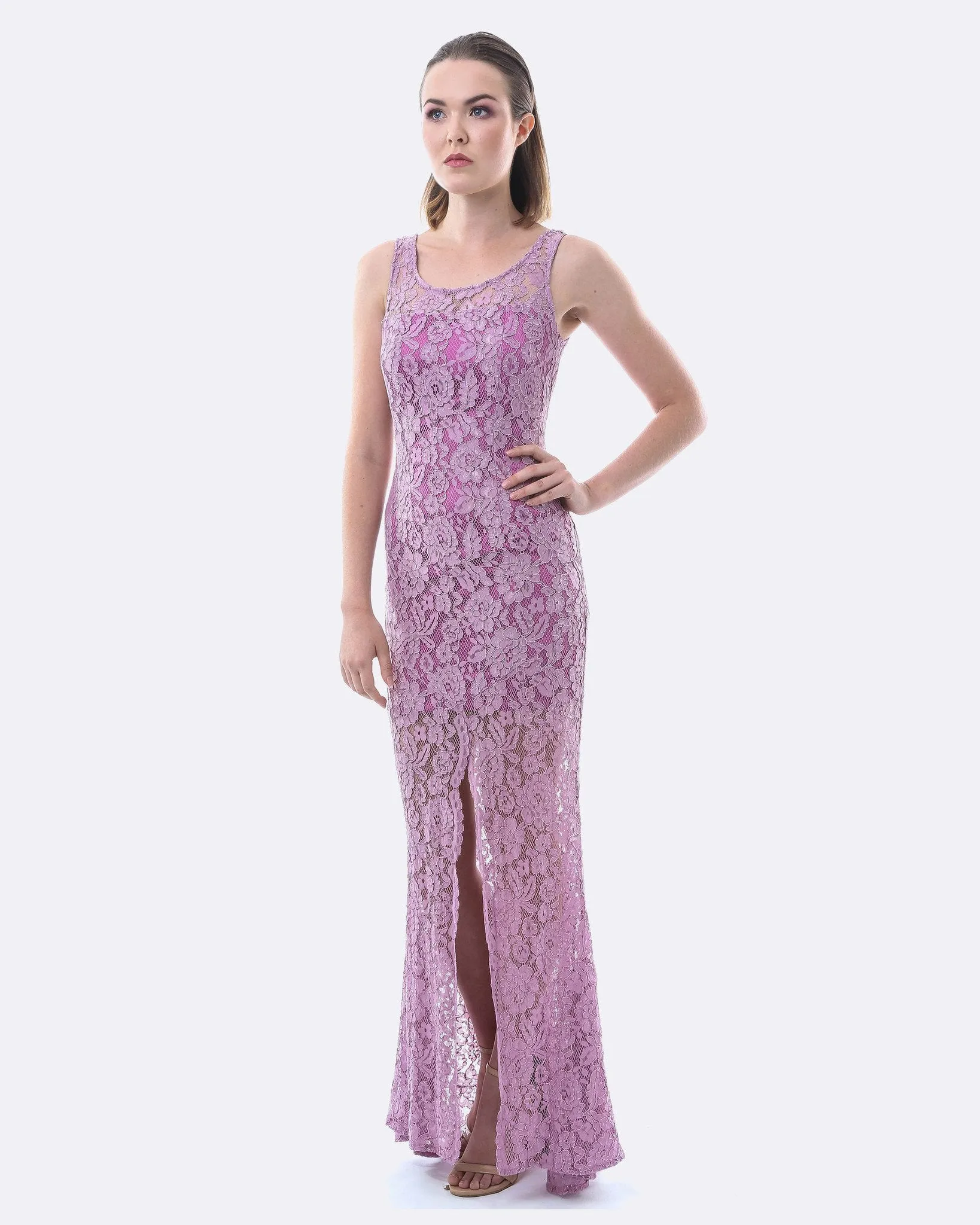 Lace Evening Dress W/ Split (Lavender)