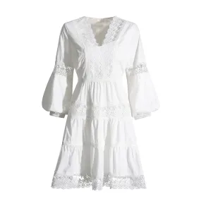 Lace Panel Elegant Mini Dress For Women V Neck Lanter Sleeve High Waist Solid Minimalist Dresses Female Summer