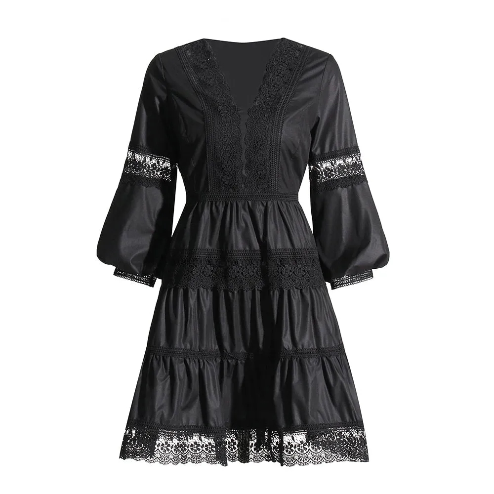 Lace Panel Elegant Mini Dress For Women V Neck Lanter Sleeve High Waist Solid Minimalist Dresses Female Summer