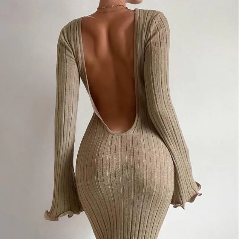 Ladies Backless Knitted Maxi Dress with Long Sleeves