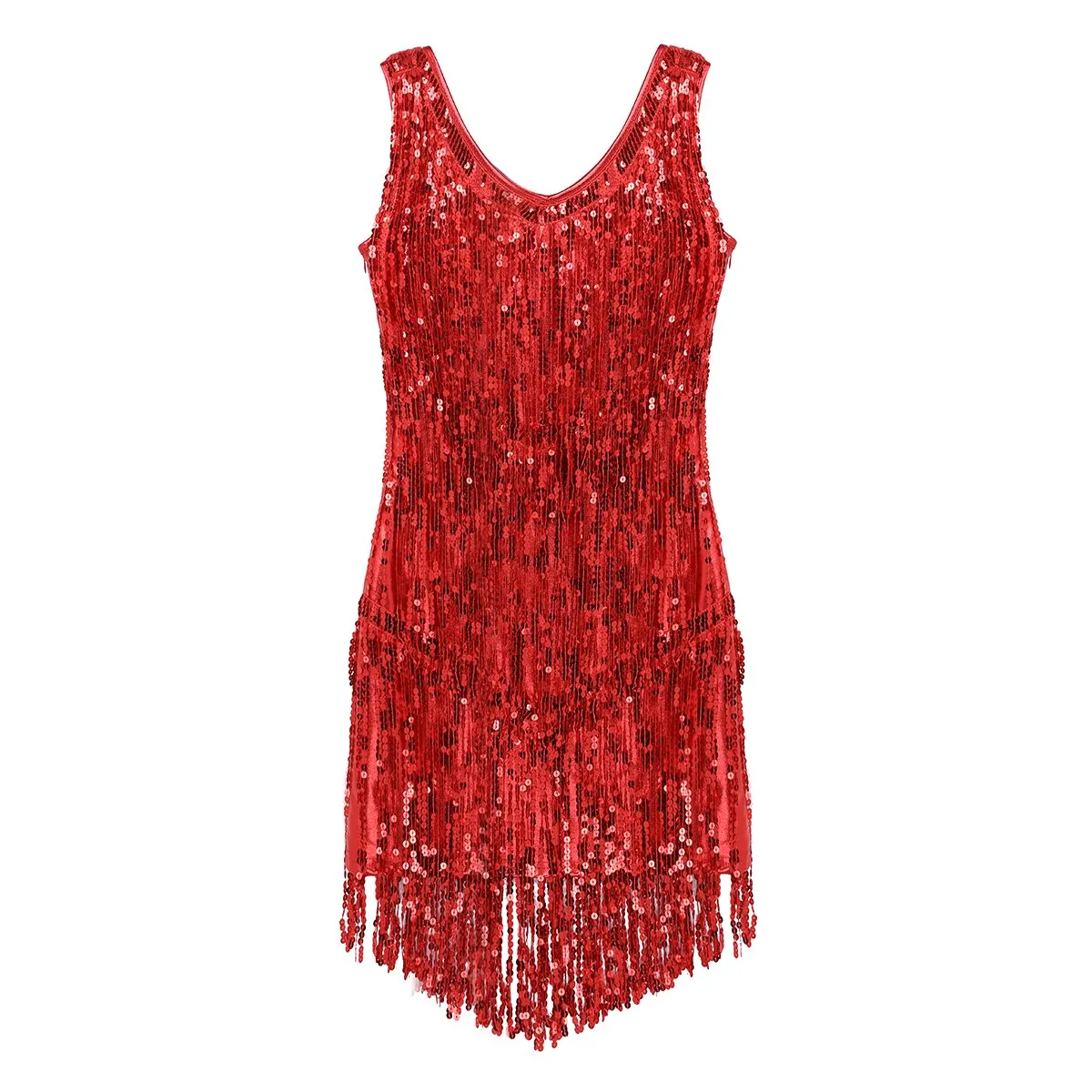 Ladies Sleeveless Sparkling Sequin Tassels Fringe Ballroom Latin Dance Dress