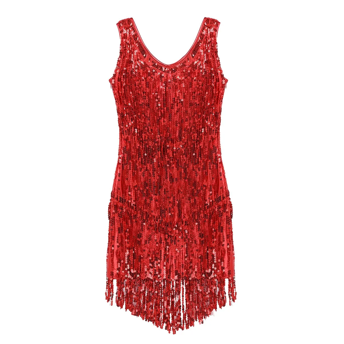 Ladies Sleeveless Sparkling Sequin Tassels Fringe Ballroom Latin Dance Dress