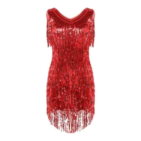 Ladies Sleeveless Sparkling Sequin Tassels Fringe Ballroom Latin Dance Dress