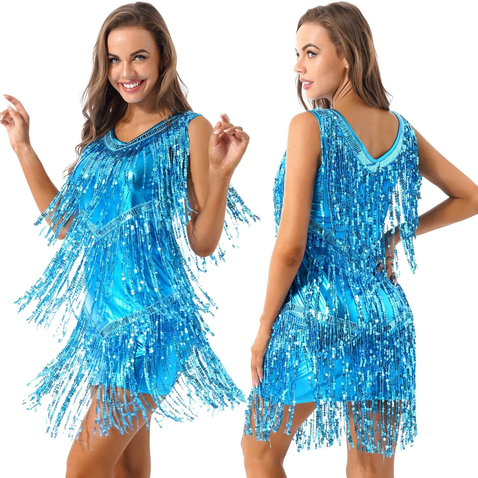 Ladies Sleeveless Sparkling Sequin Tassels Fringe Ballroom Latin Dance Dress