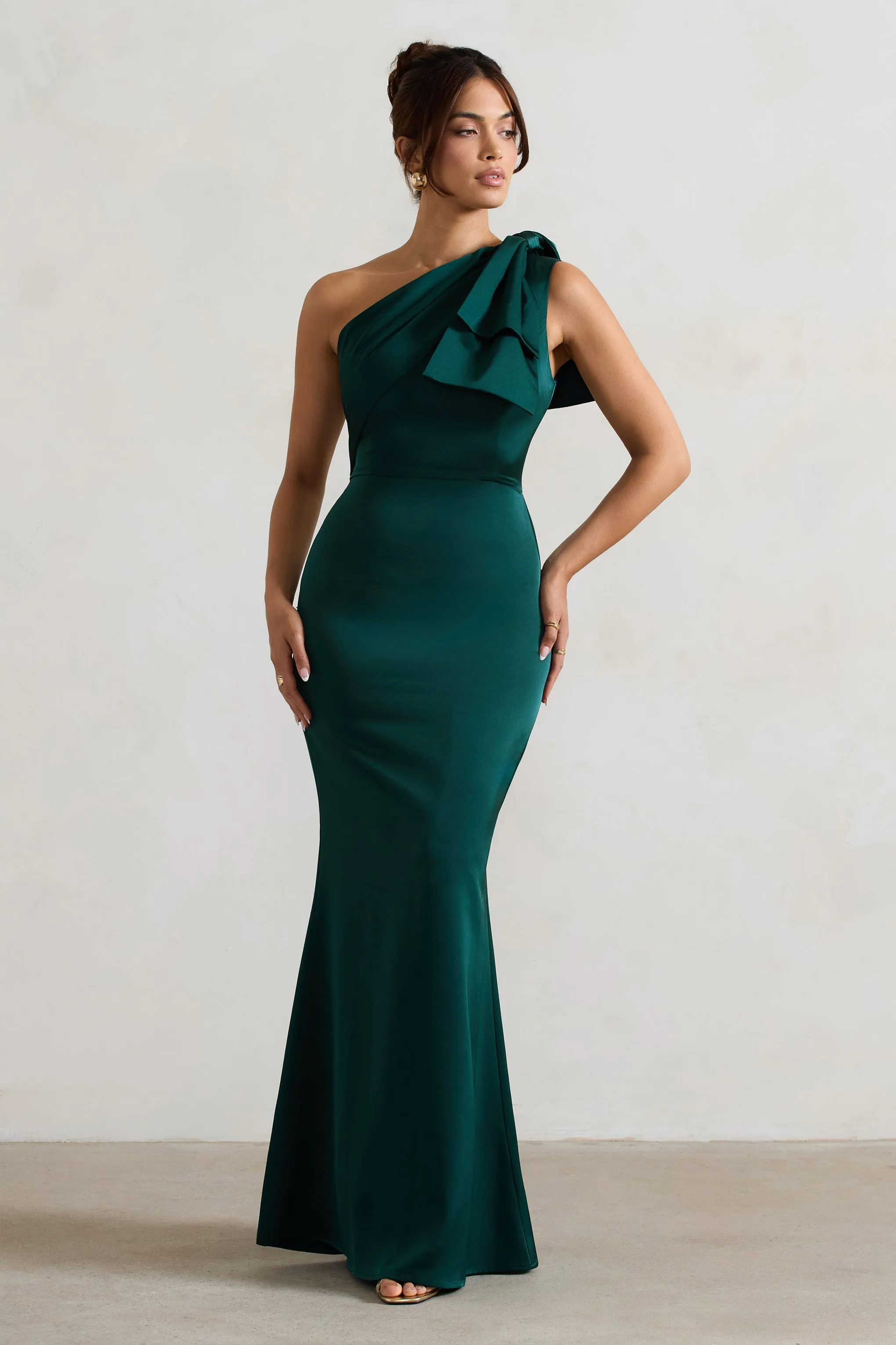 Lady | Bottle Green Satin One Shoulder Maxi Dress With Bow