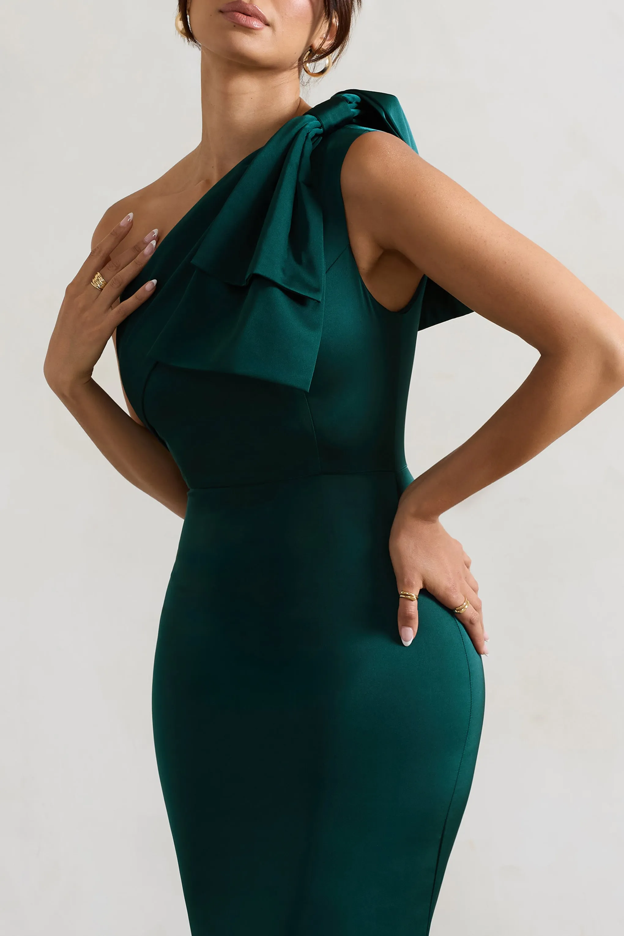 Lady | Bottle Green Satin One Shoulder Maxi Dress With Bow