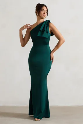 Lady | Bottle Green Satin One Shoulder Maxi Dress With Bow