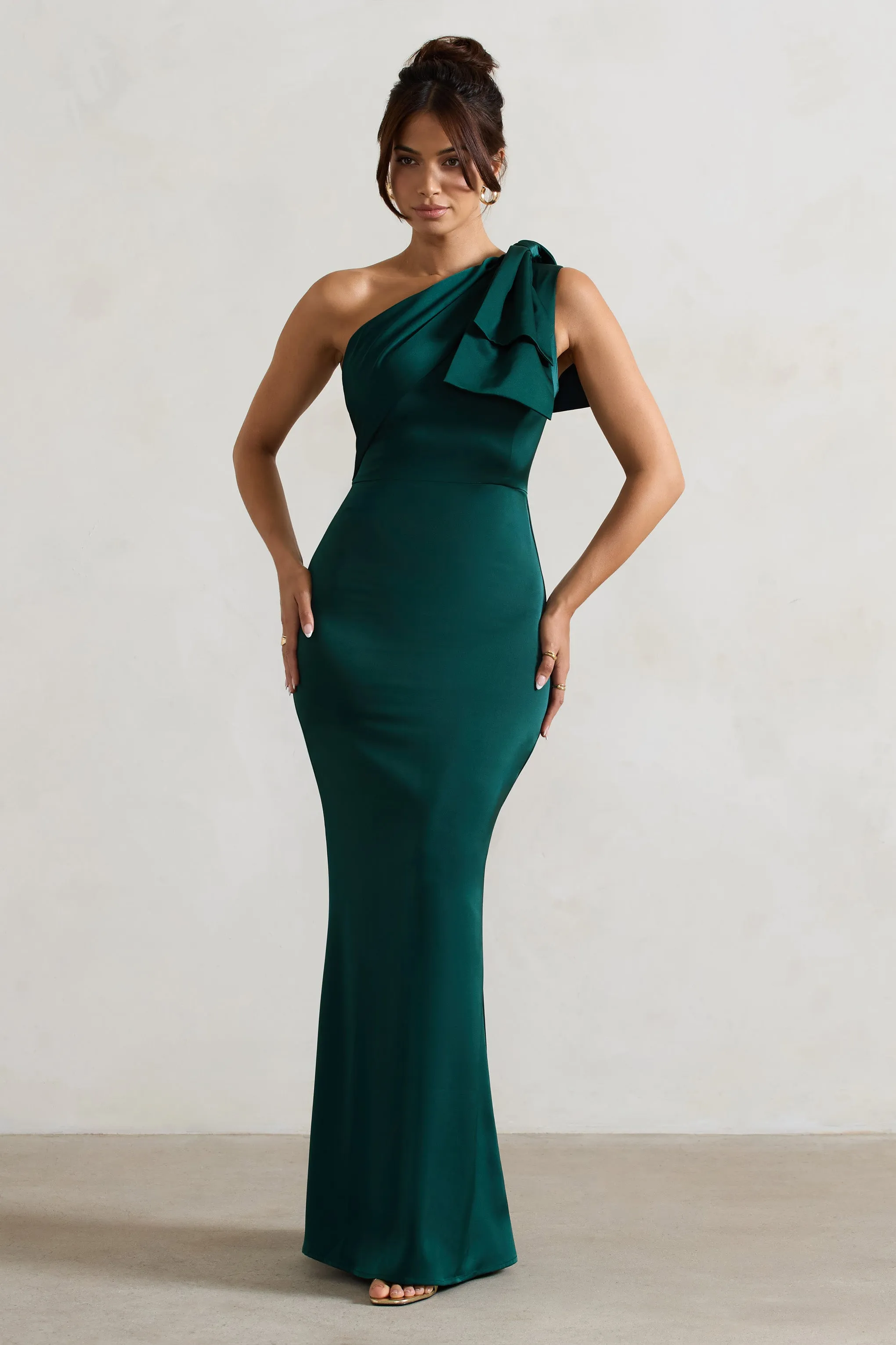 Lady | Bottle Green Satin One Shoulder Maxi Dress With Bow