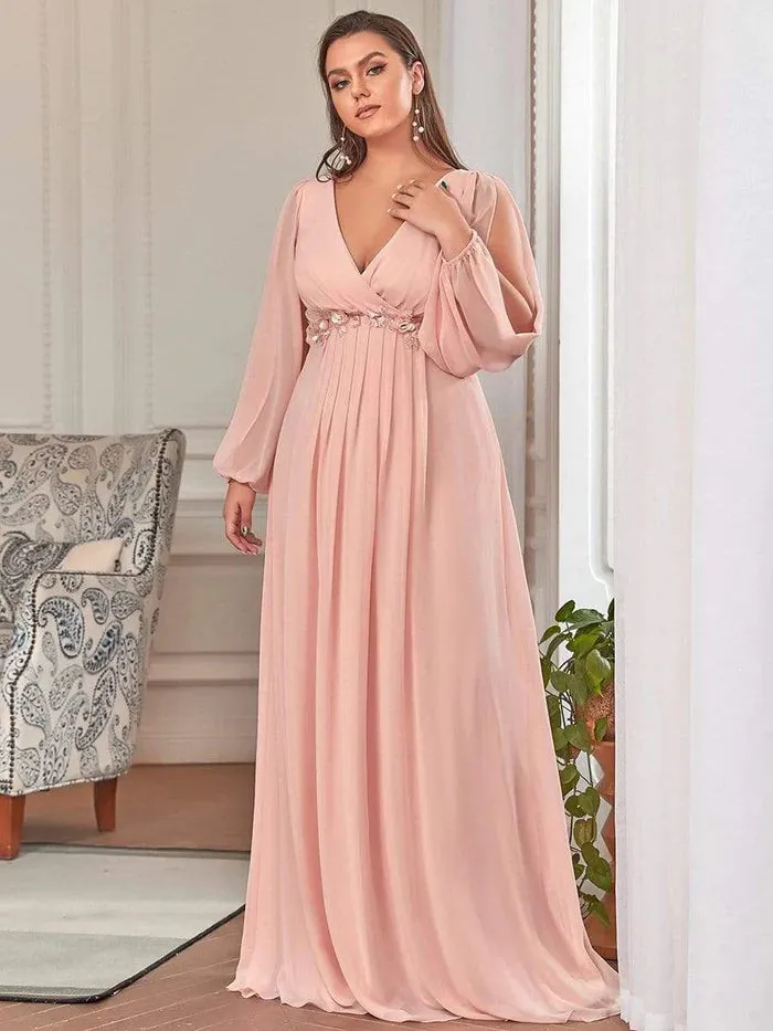 Lantern Long Slit Sleeve Deep V Applique Maxi Evening Dress