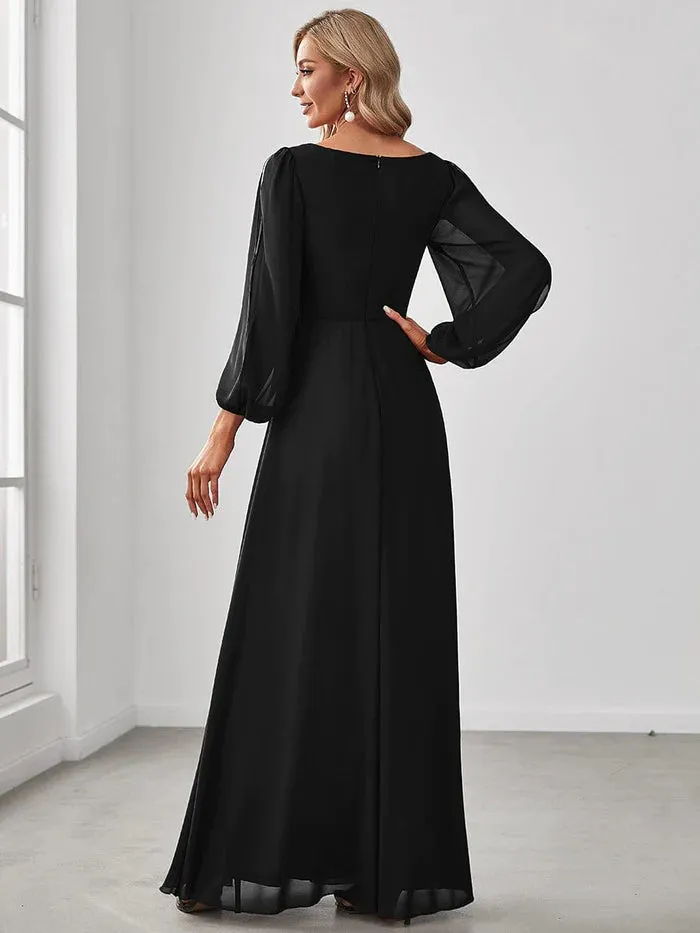 Lantern Long Slit Sleeve Deep V Applique Maxi Evening Dress