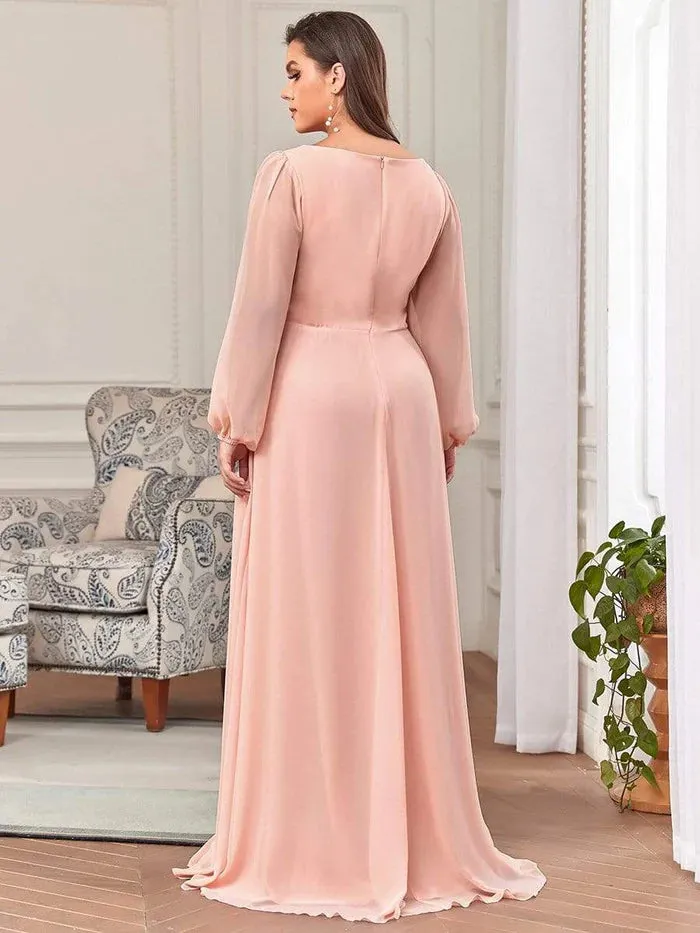 Lantern Long Slit Sleeve Deep V Applique Maxi Evening Dress