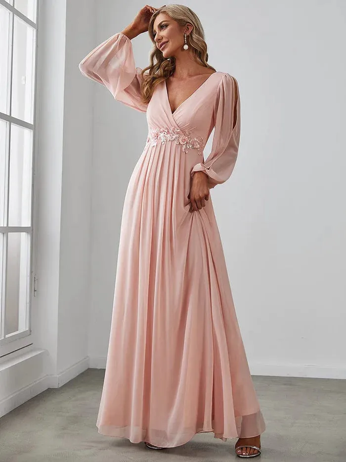 Lantern Long Slit Sleeve Deep V Applique Maxi Evening Dress