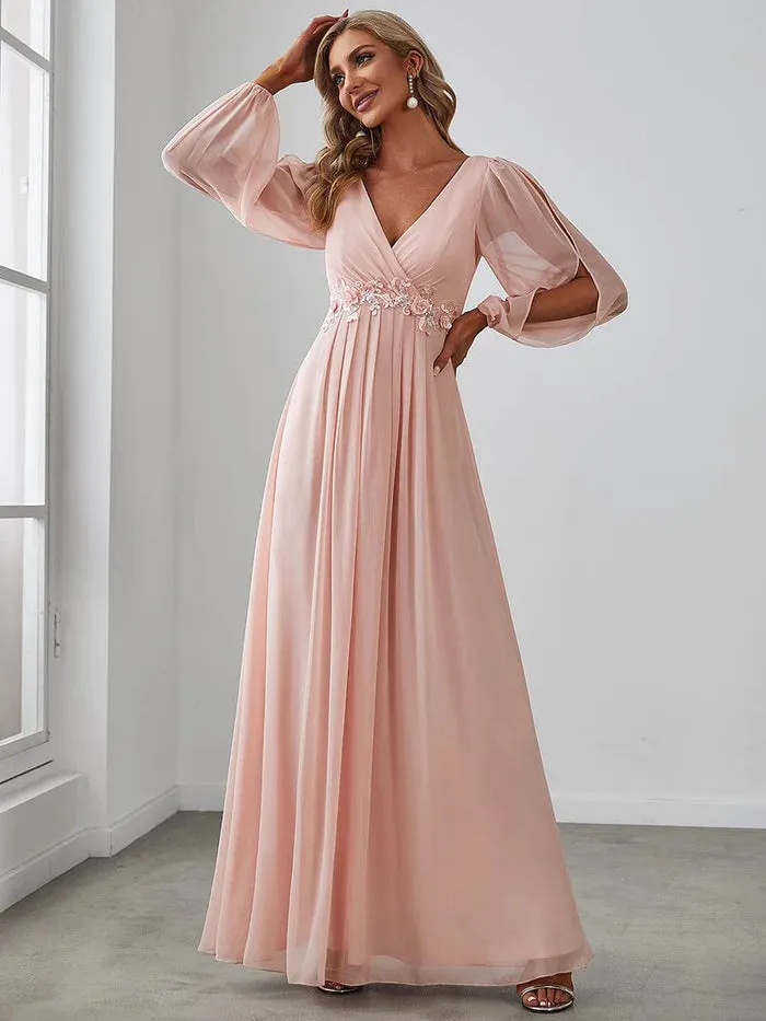 Lantern Long Slit Sleeve Deep V Applique Maxi Evening Dress