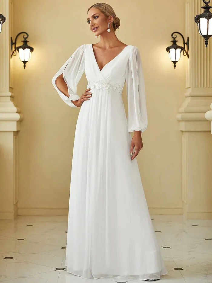 Lantern Long Slit Sleeve Deep V Applique Maxi Evening Dress