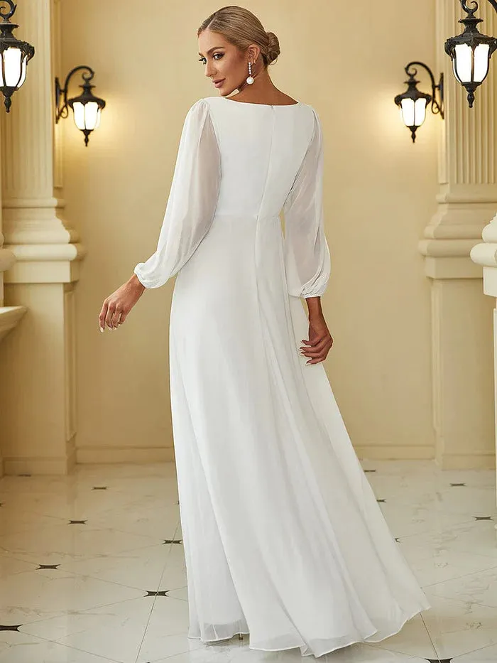 Lantern Long Slit Sleeve Deep V Applique Maxi Evening Dress