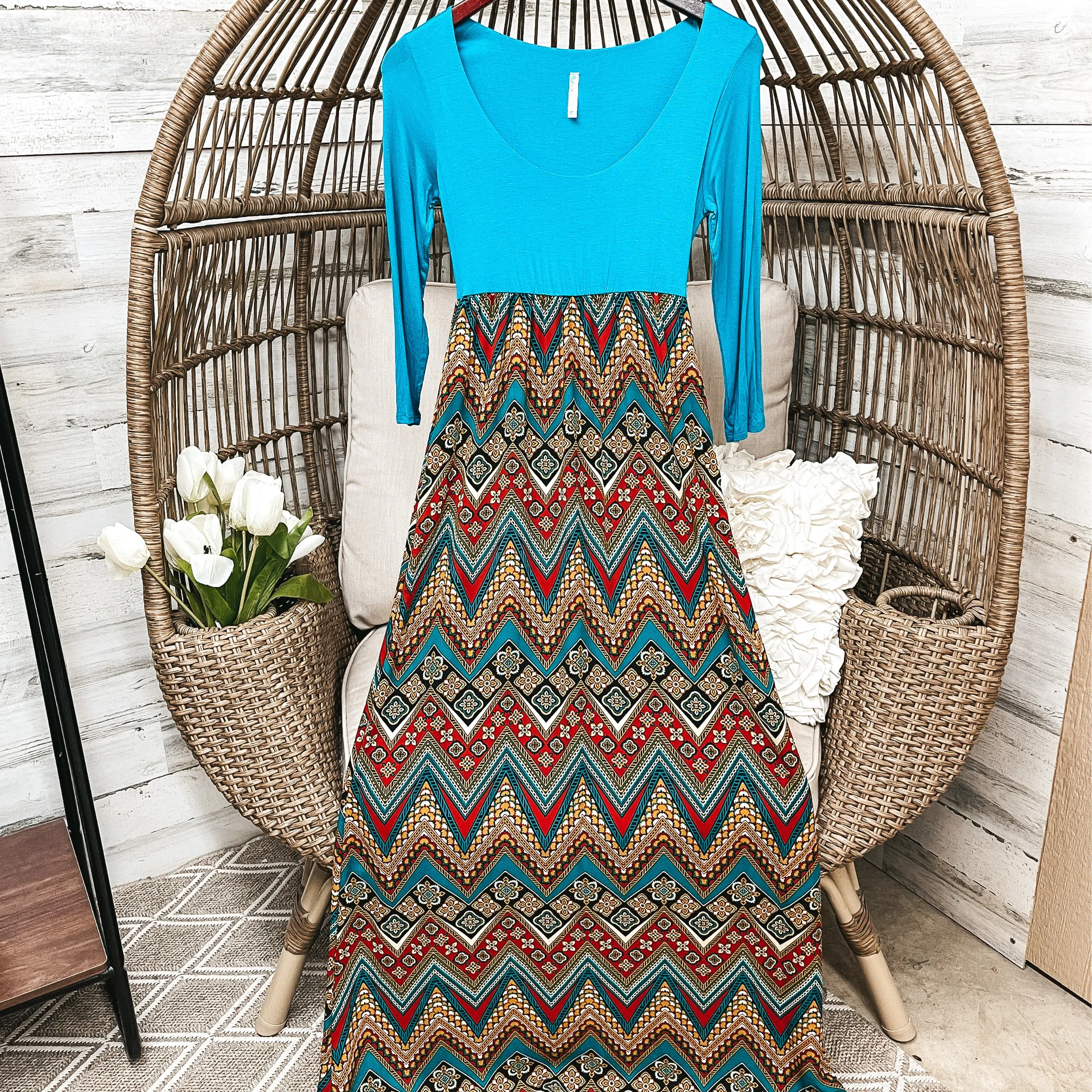 Last Chance Size Small & Medium | Turquoise 3/4 Sleeve Maxi Dress with Chevron Print