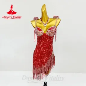 Latin Dance Clothing Luxury Rhinestone Tassel  Dress Customized Adult Children Latin Dance Professional Performance Costumes