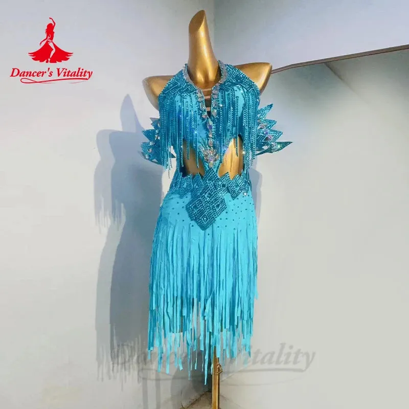 Latin Dance Competition Dresses customization Luxury AB Stones Tassel dress Tango Chacha Samba professional performance costume