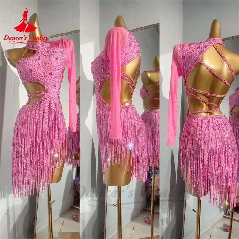 Latin Dance Dress for Women Custom Rumba Chacha Tango Performance Clothing AB Stones Gauze Sleeves Child Adult Latin Dresses