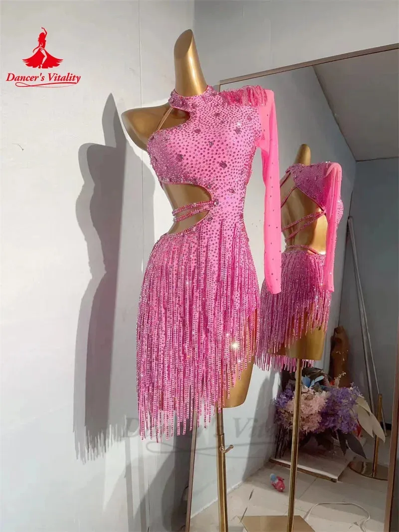 Latin Dance Dress for Women Custom Rumba Chacha Tango Performance Clothing AB Stones Gauze Sleeves Child Adult Latin Dresses