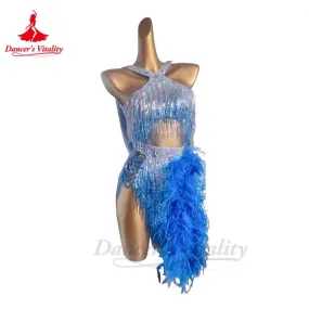 Latin Dance Dress Women AB Stones Feather Rumba Chacha Tango Performance Competiton Clothing Skirt Adult Child Latin Dresses