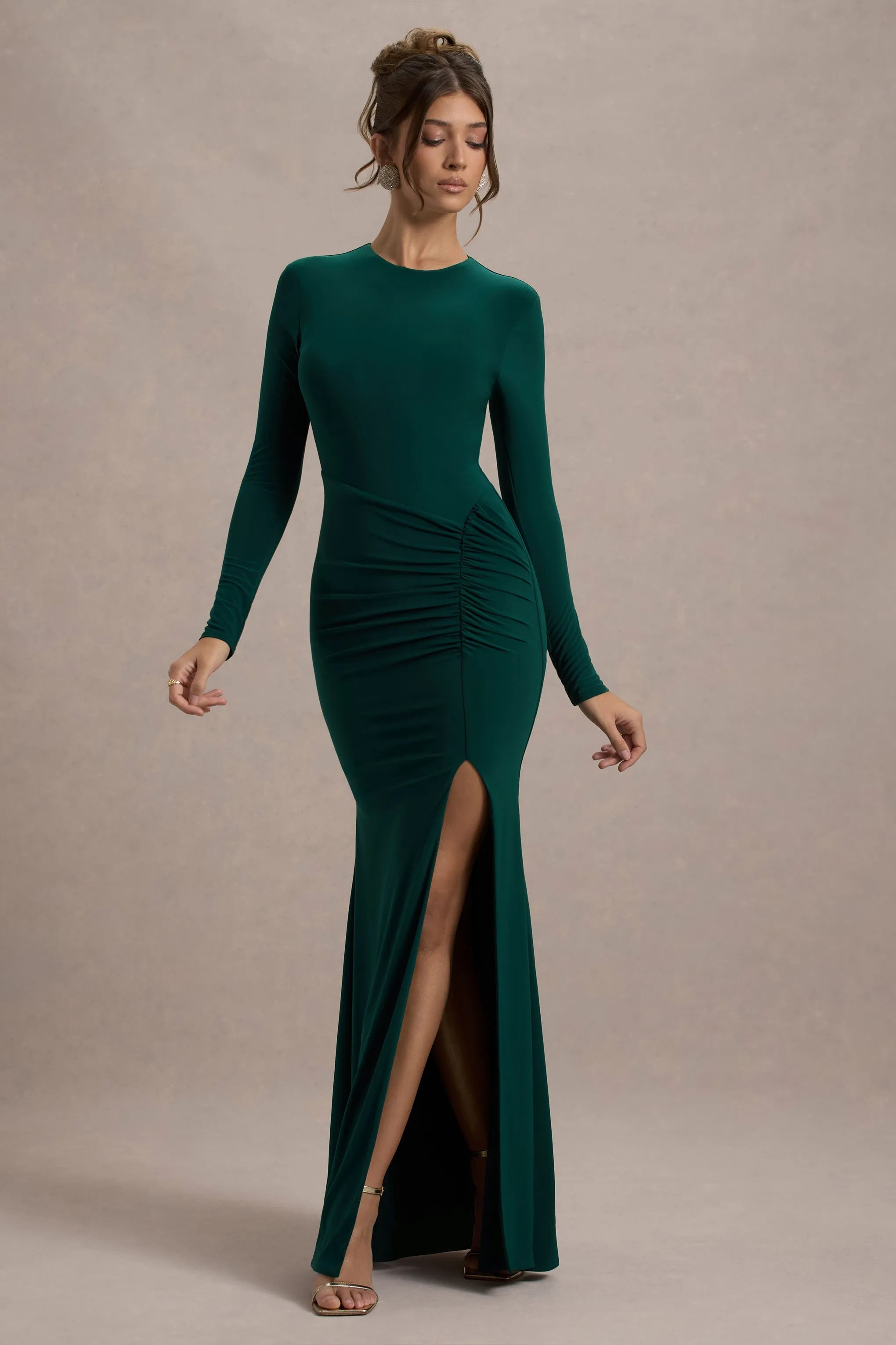 Leslie | Bottle Green Long-Sleeve Twisted Split Maxi Dress