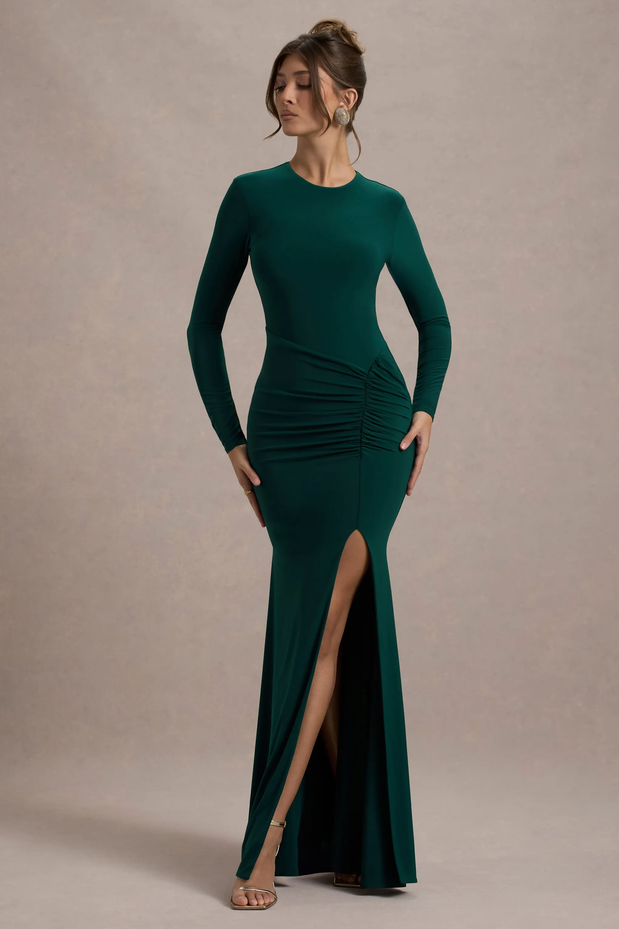 Leslie | Bottle Green Long-Sleeve Twisted Split Maxi Dress