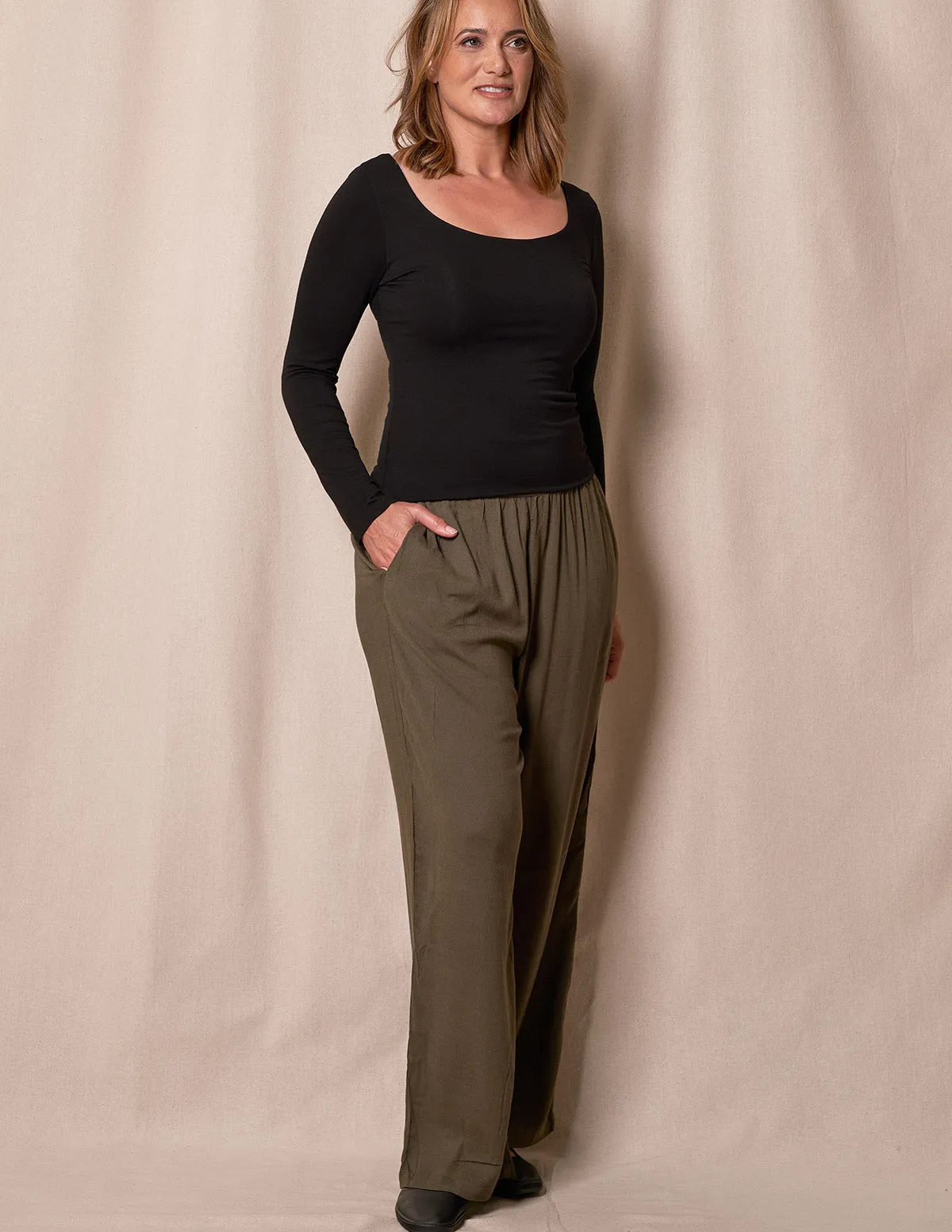 Linen / Bamboo Soft Waist Pants -  Olive