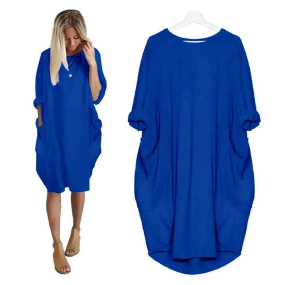 Long Loose O Neck Dress with Pocket