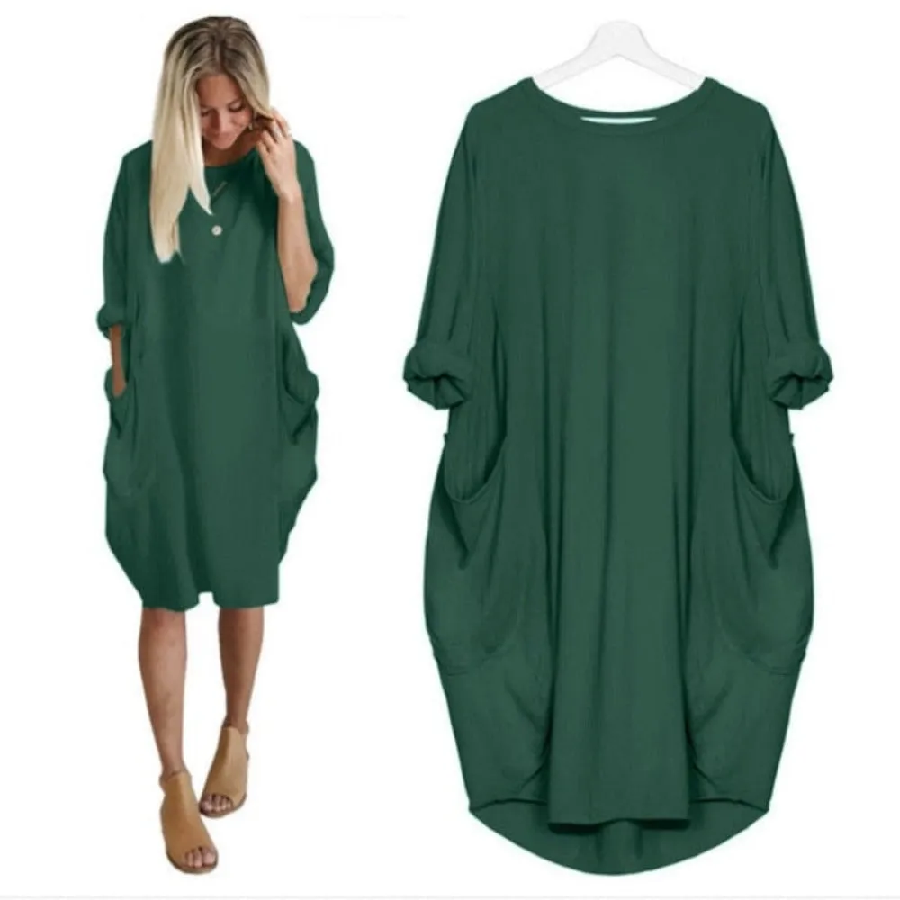 Long Loose O Neck Dress with Pocket