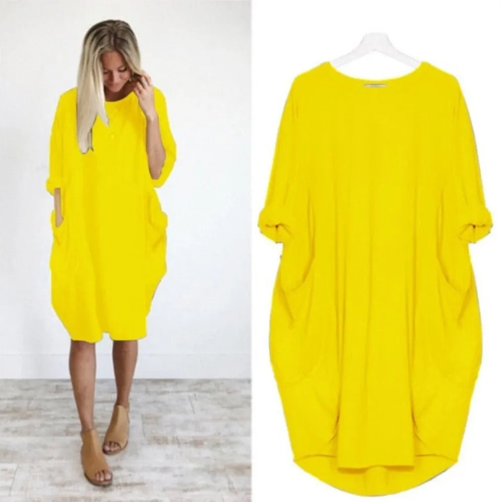 Long Loose O Neck Dress with Pocket