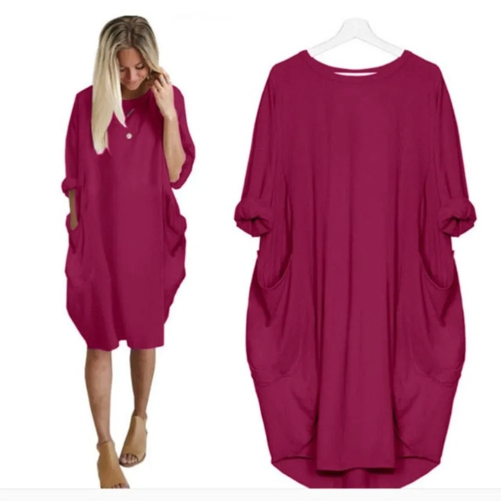 Long Loose O Neck Dress with Pocket