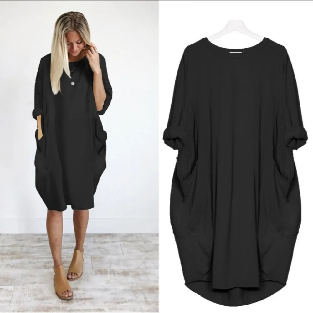 Long Loose O Neck Dress with Pocket