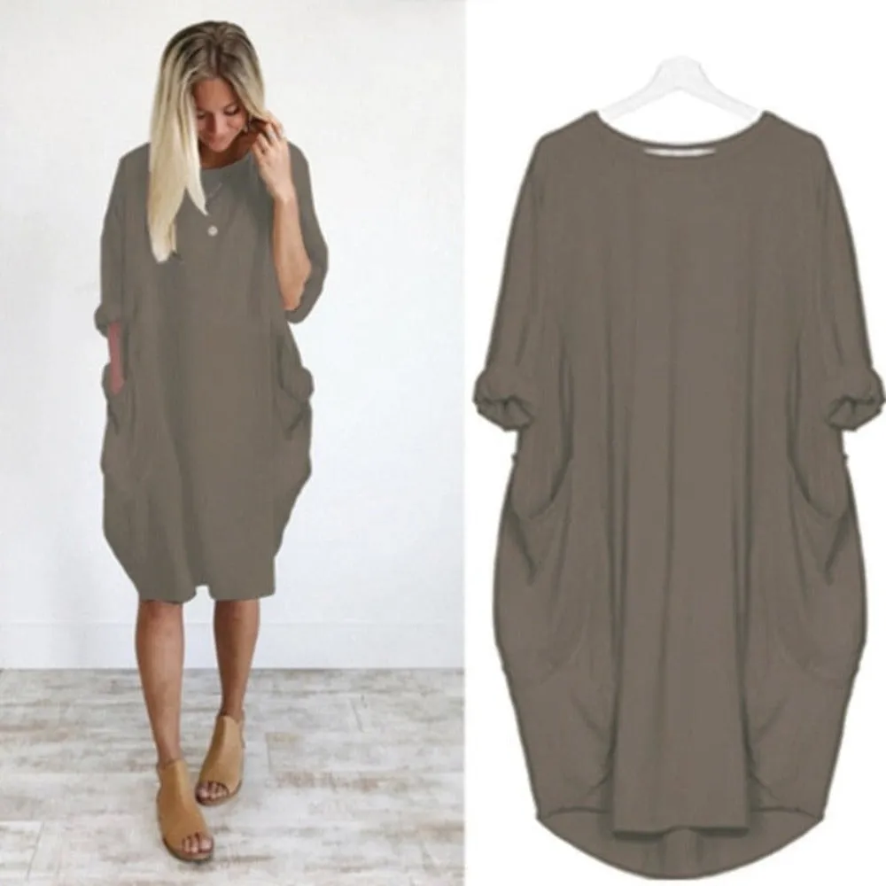 Long Loose O Neck Dress with Pocket