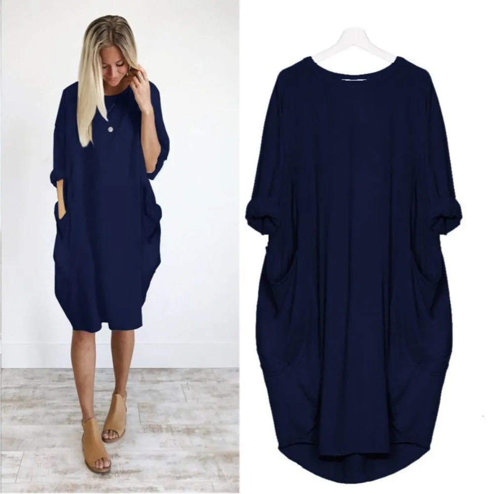 Long Loose O Neck Dress with Pocket