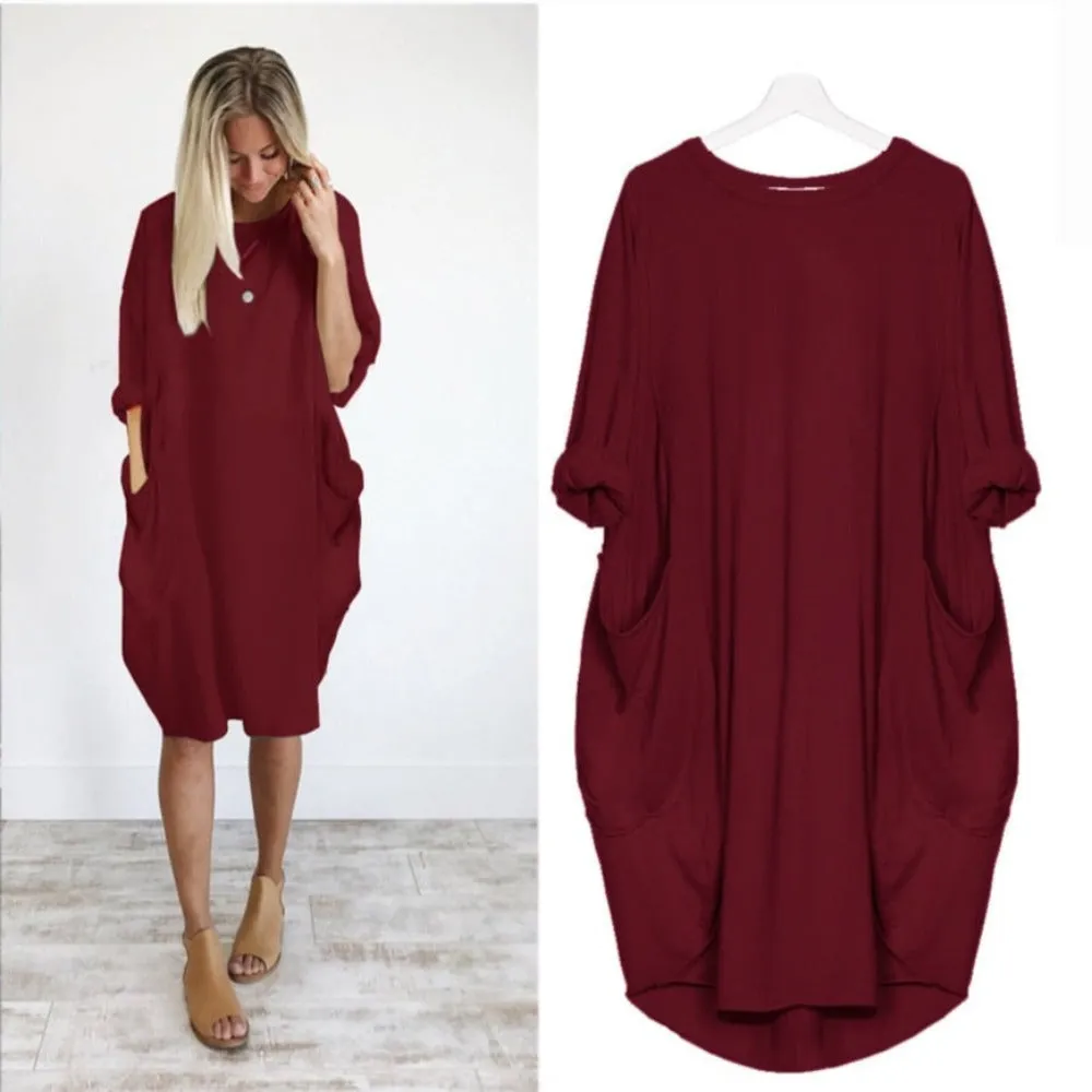 Long Loose O Neck Dress with Pocket