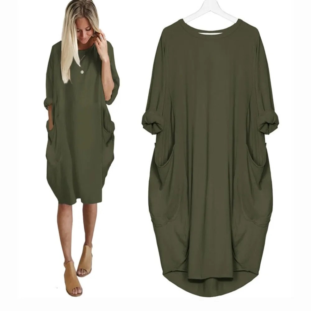 Long Loose O Neck Dress with Pocket