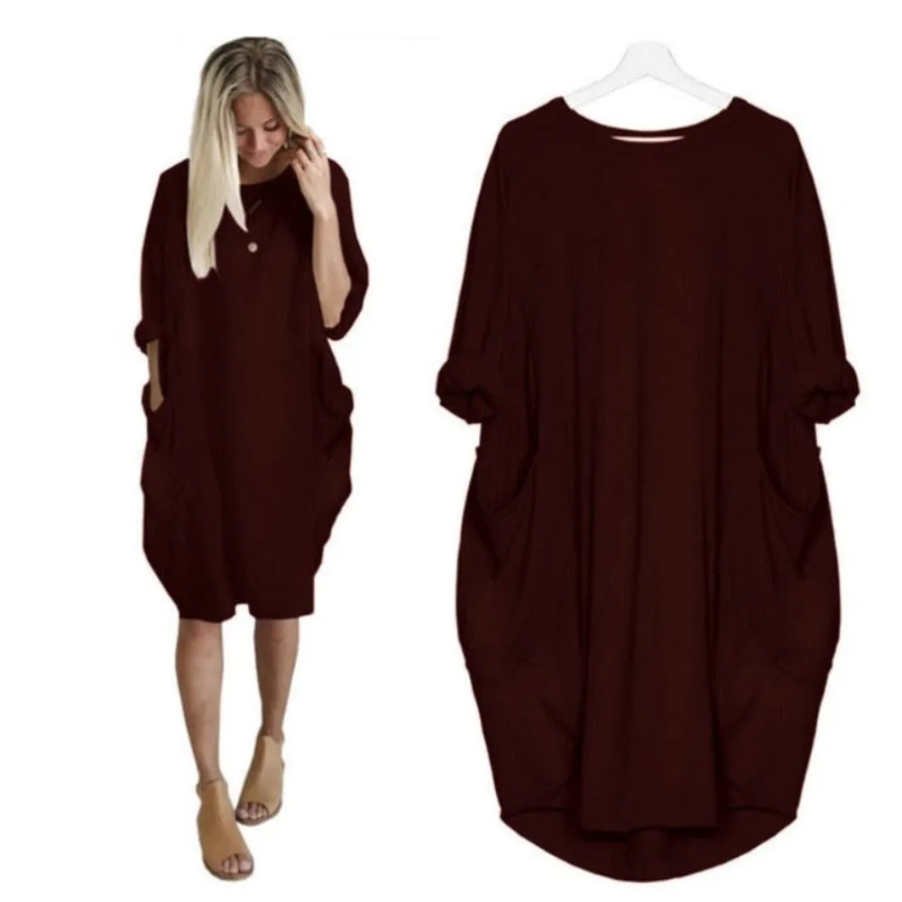 Long Loose O Neck Dress with Pocket