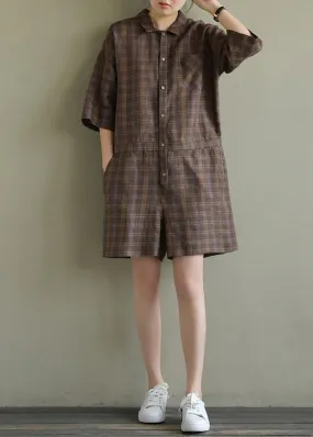 Loose brown Plaid linen lapel jumpsuit pants short summer