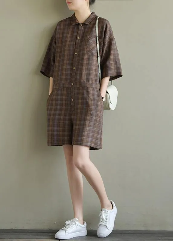 Loose brown Plaid linen lapel jumpsuit pants short summer