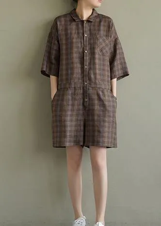 Loose brown Plaid linen lapel jumpsuit pants short summer