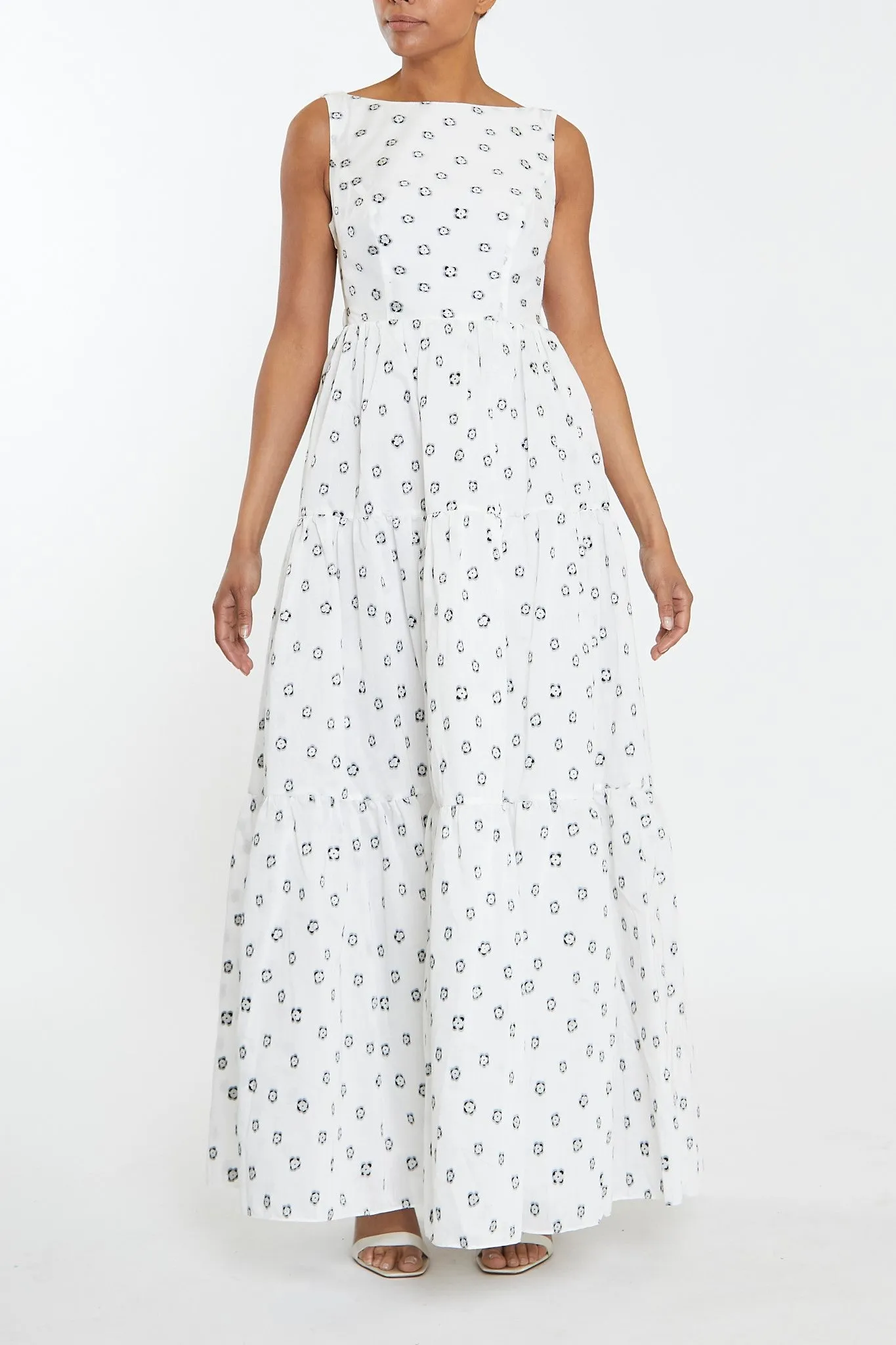 Lorna White-Organza Flower Tiered Backless Maxi-Dress