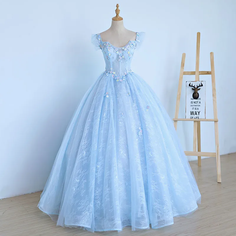 Lovely Light Blue Lace Cap Sleeve Sweet 16 Prom Dress, Evening Dress