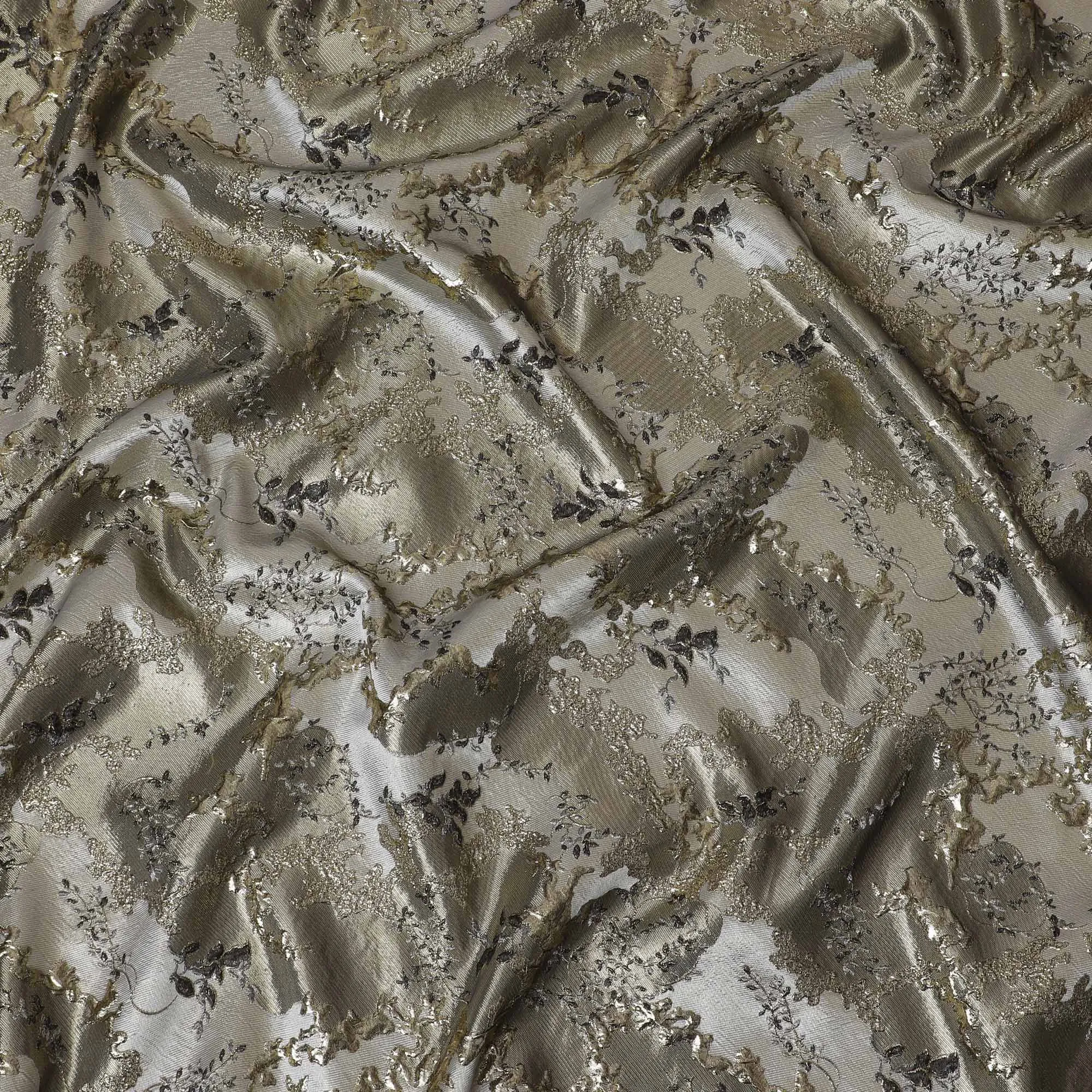 Luxurious Silver and Gold Synthetic Brocade Fabric with Intricate Floral Design - 140 cm Width-D19789