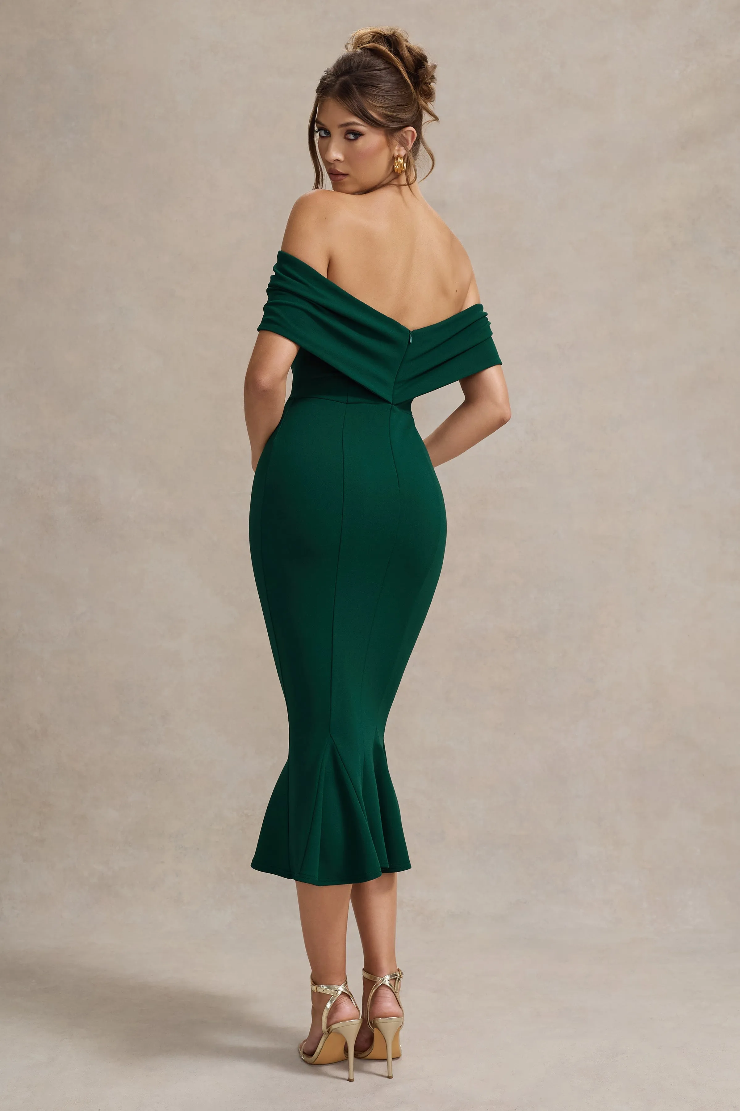 Lydia | Bottle Green Bardot Bow Detail Midi Dress