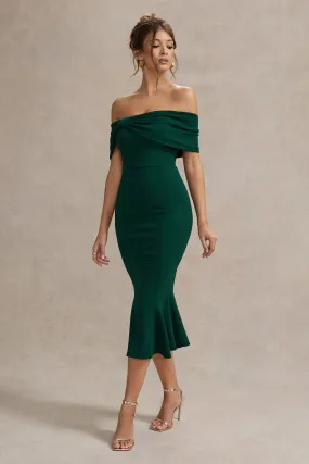 Lydia | Bottle Green Bardot Bow Detail Midi Dress