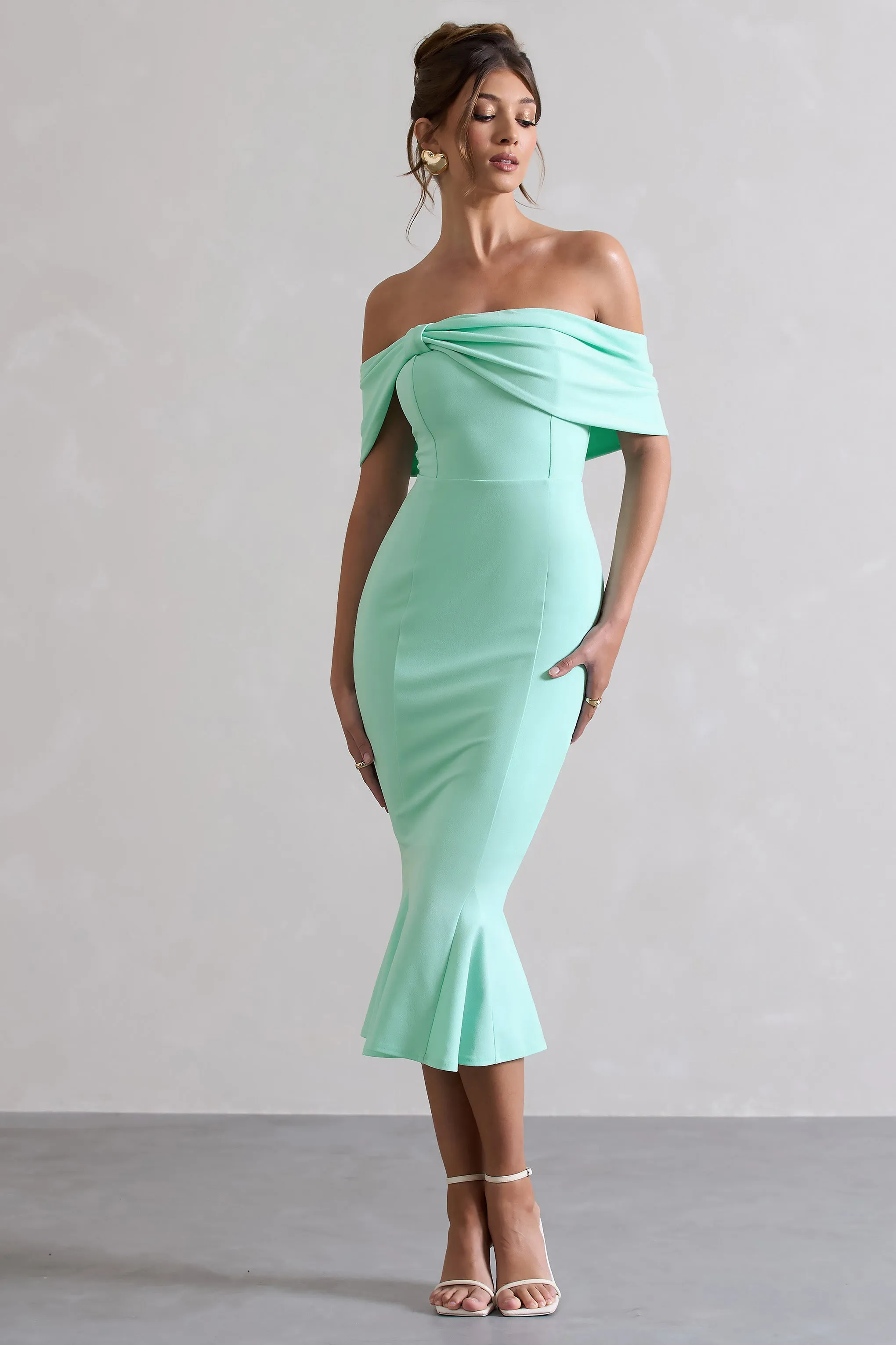 Lydia | Mint Bardot Bow Detail Midi Dress