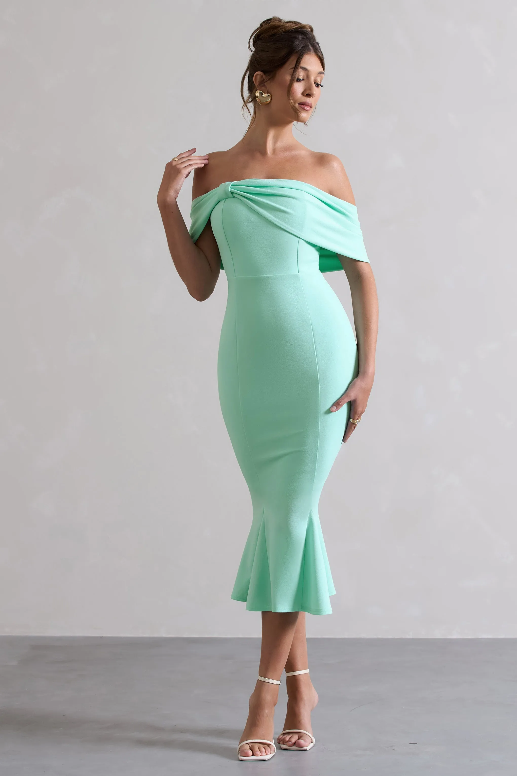 Lydia | Mint Bardot Bow Detail Midi Dress