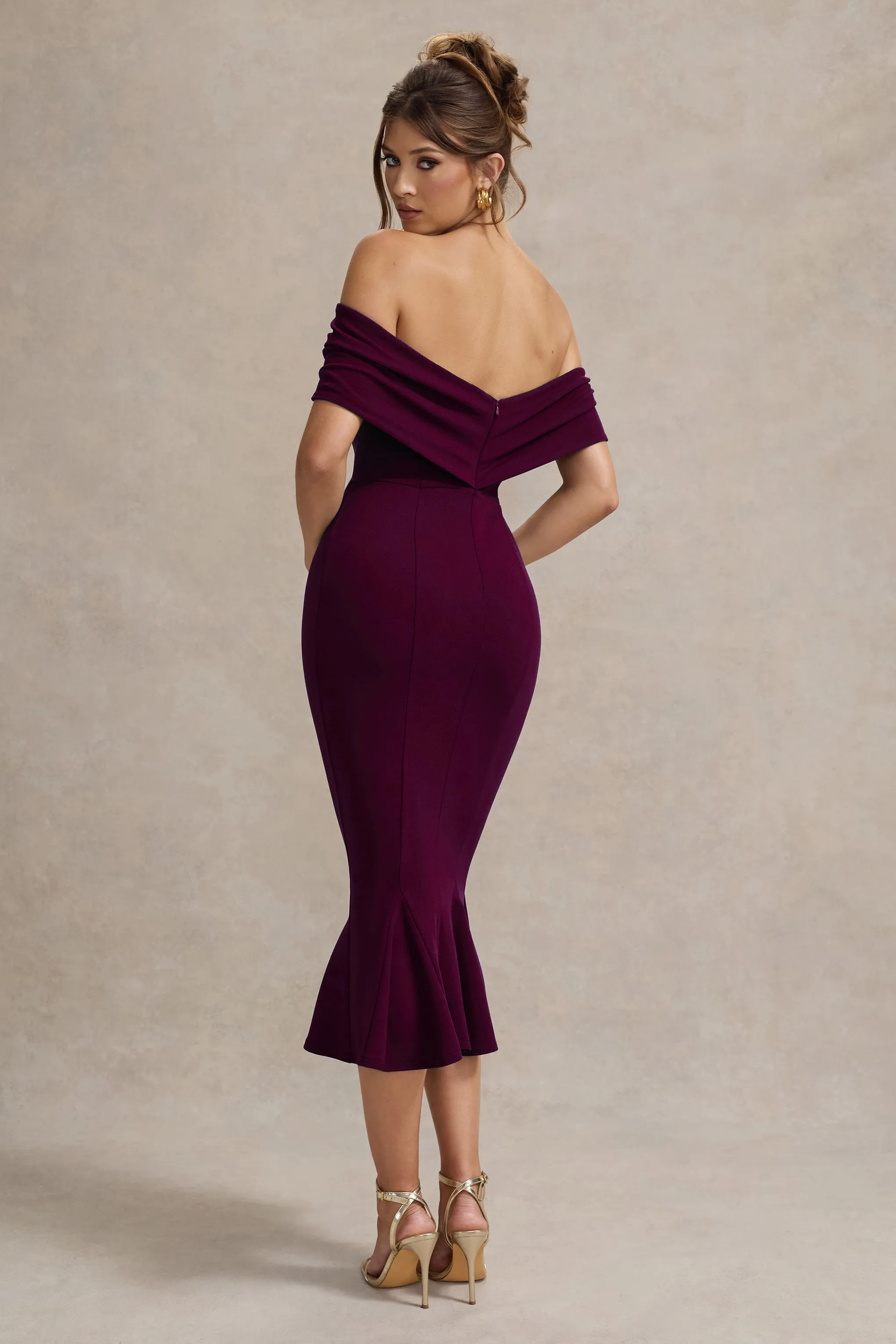 Lydia | Plum Bardot Bow Detail Midi Dress